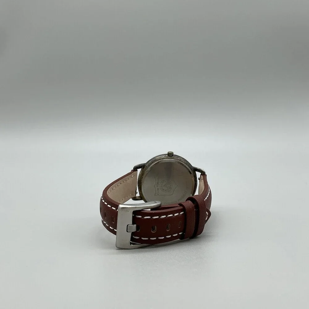 Vintage Fossil Club Fossil Mens Watch 36mm Silver Tone Brown Leather New Battery